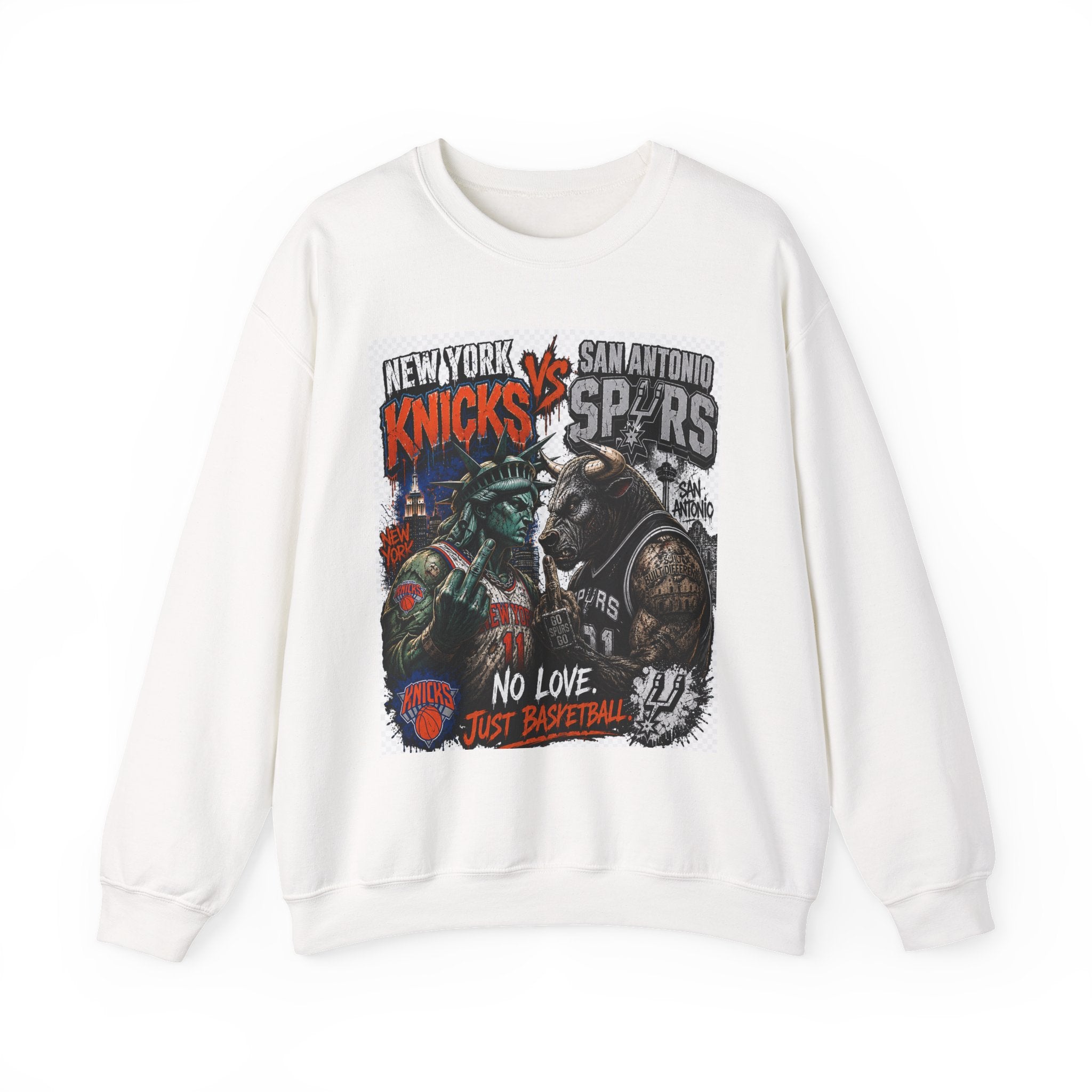 Knicks vs Spurs Basketball Crewneck Sweatshirt — 'No Love, Just Basketball' Vintage Game Tee