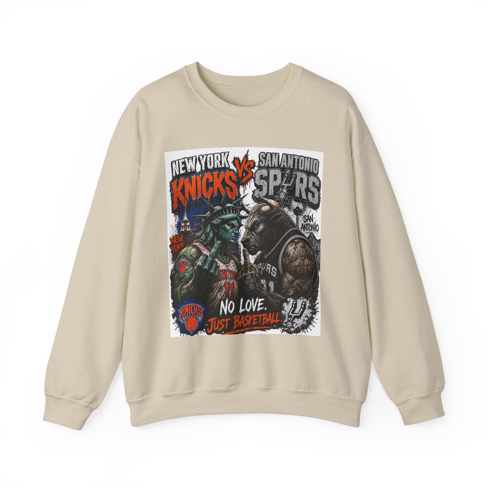 Knicks vs Spurs Basketball Crewneck Sweatshirt — 'No Love, Just Basketball' Vintage Game Tee