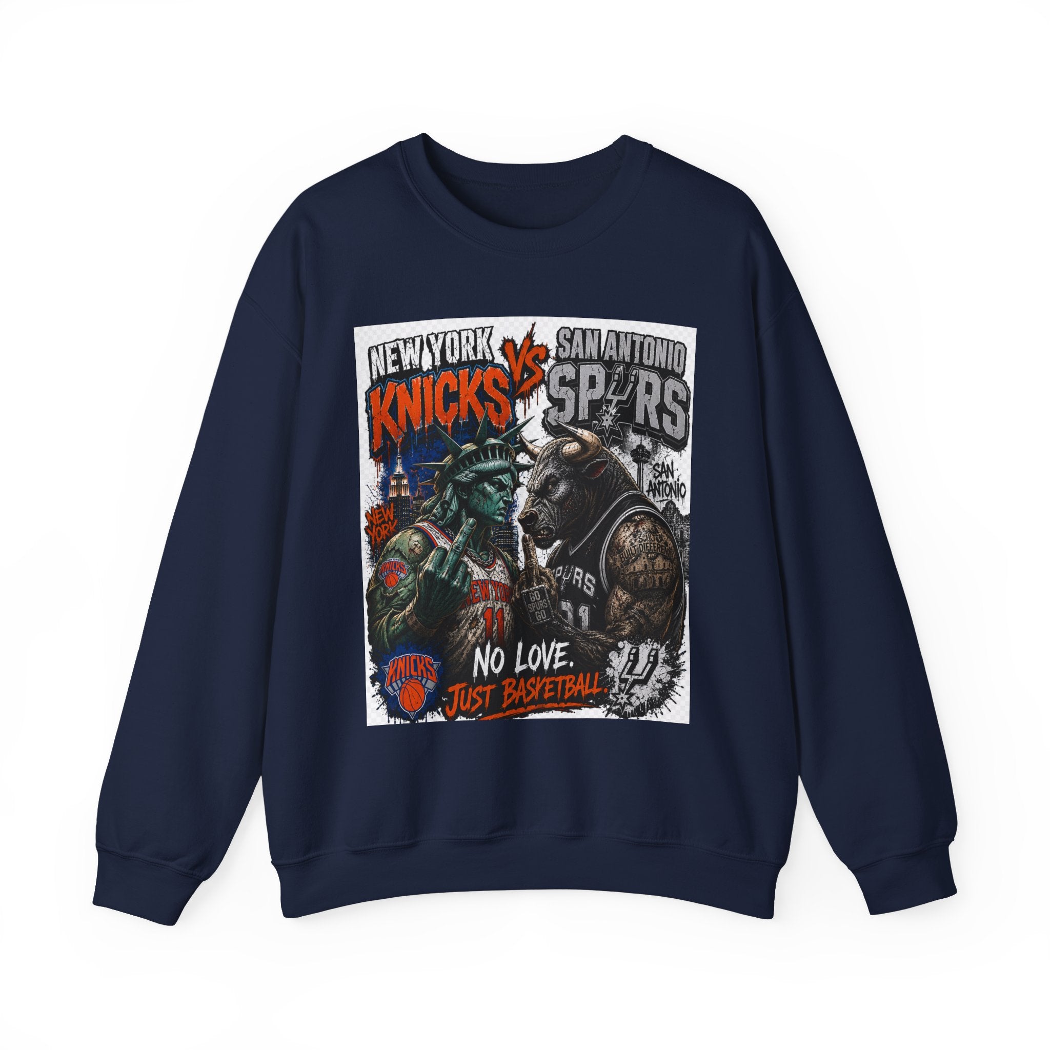 Knicks vs Spurs Basketball Crewneck Sweatshirt — 'No Love, Just Basketball' Vintage Game Tee