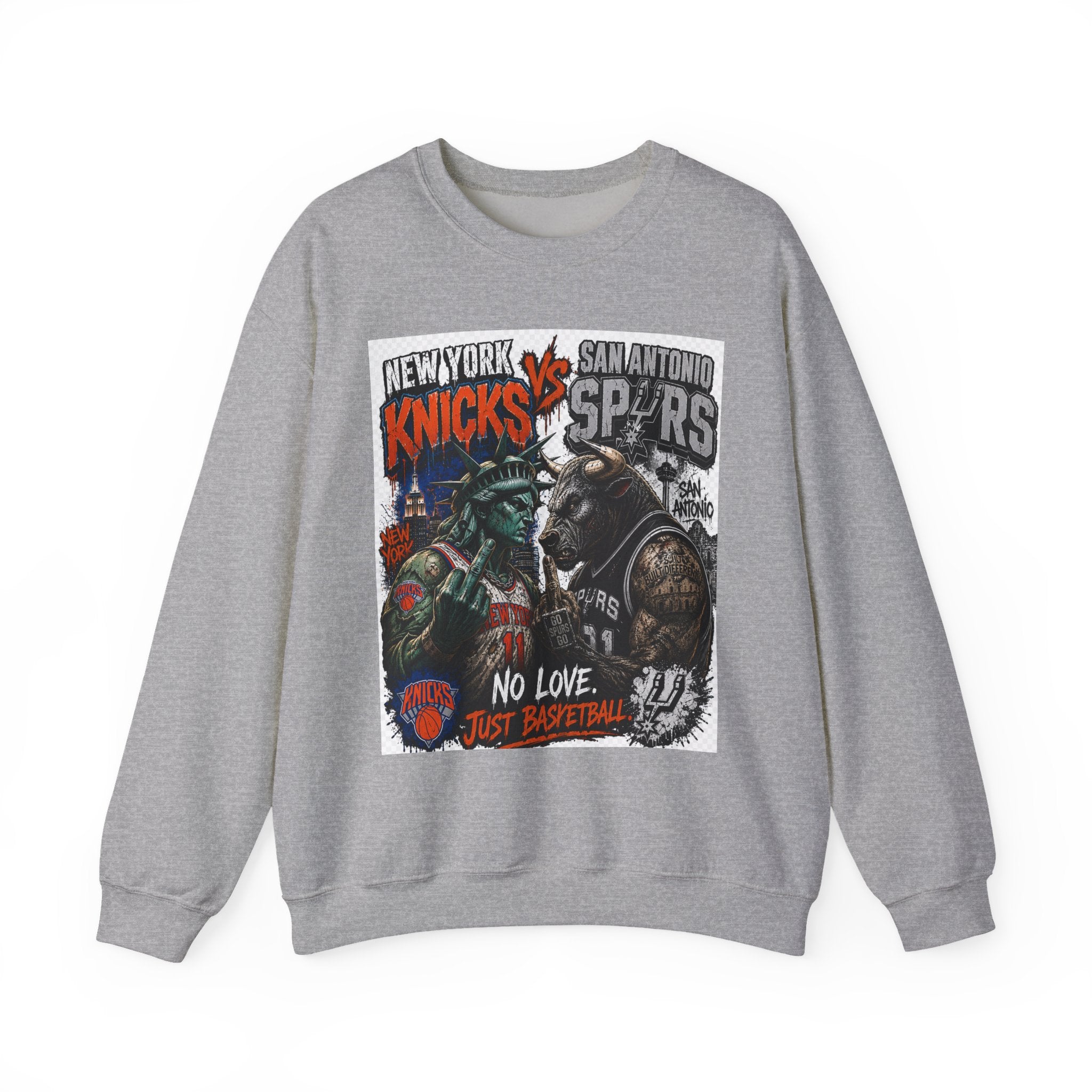 Knicks vs Spurs Basketball Crewneck Sweatshirt — 'No Love, Just Basketball' Vintage Game Tee