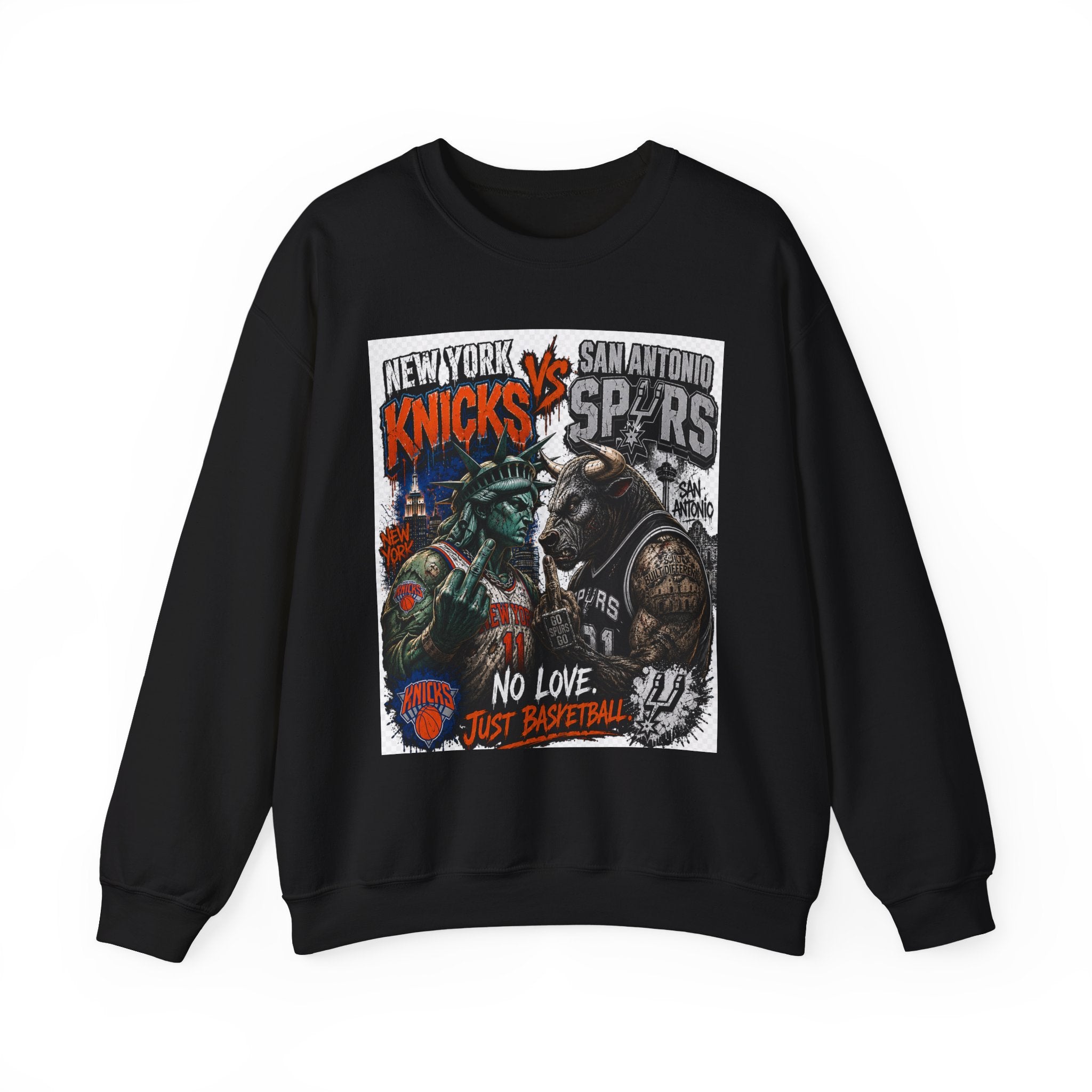 Knicks vs Spurs Basketball Crewneck Sweatshirt — 'No Love, Just Basketball' Vintage Game Tee